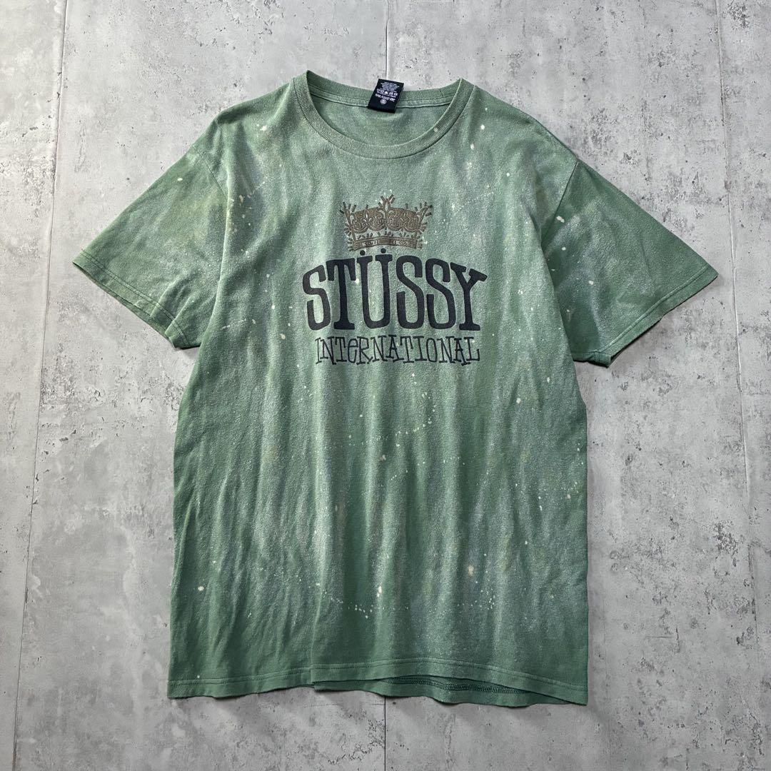 古着 stussy 半袖Tシャツ センタープリント ブリーチ M 緑