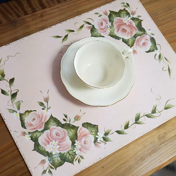 トールペイントランチョンマット 薄ピンク薔薇