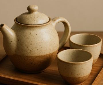 手作り陶器のミニ茶具セット ― 木製トレイ付き 手作り陶器のミニ茶具セット ― 木製トレイ付き 手作り陶器のミニ