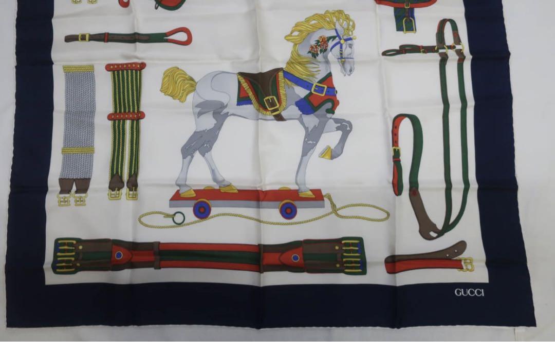 【海外限定】 GUCCI グッチ スカーフ ショール ストール シルク ネイビー 馬柄 小物