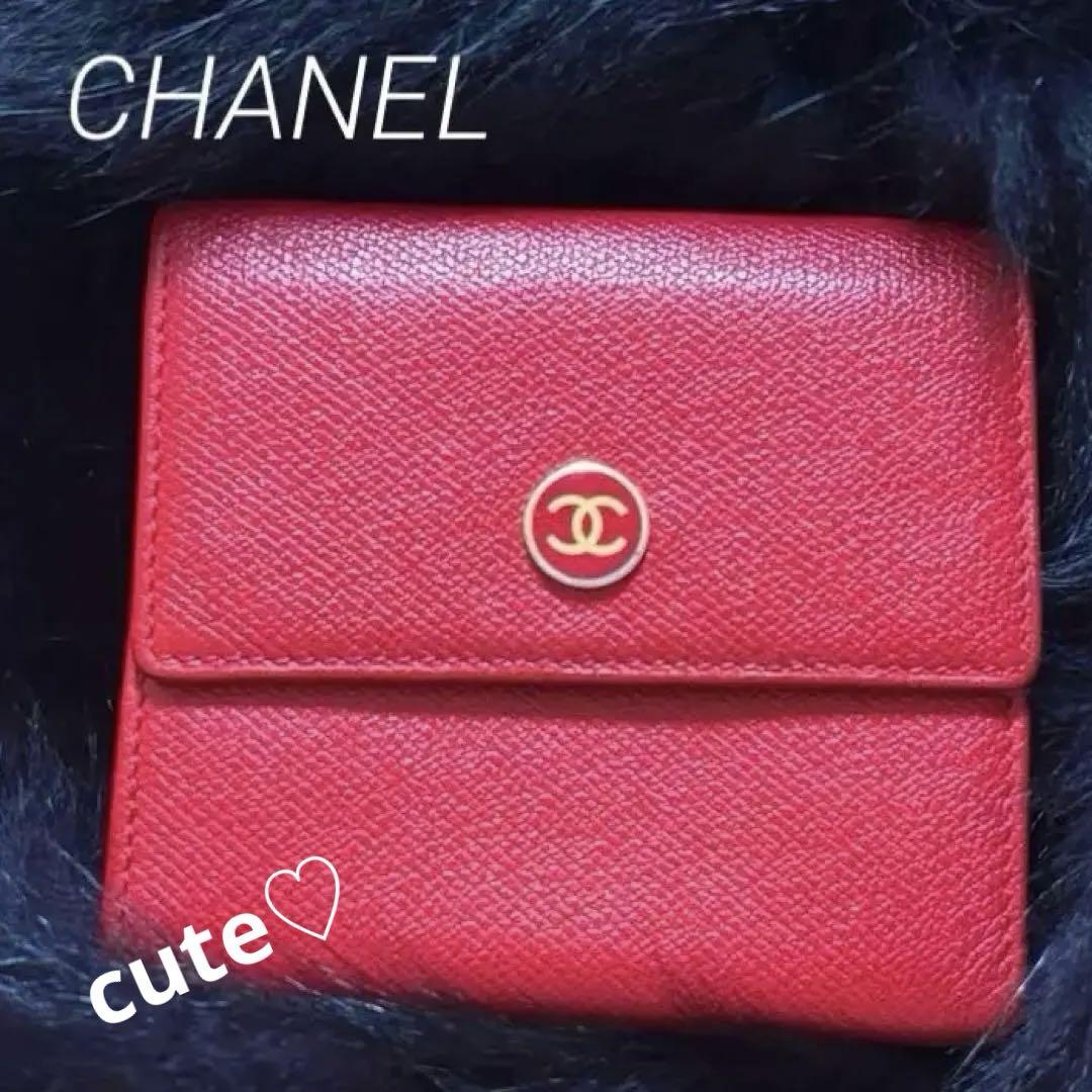美品 レア CHANEL 財布 折り財布 ココボタン Wホック 赤 レッド
