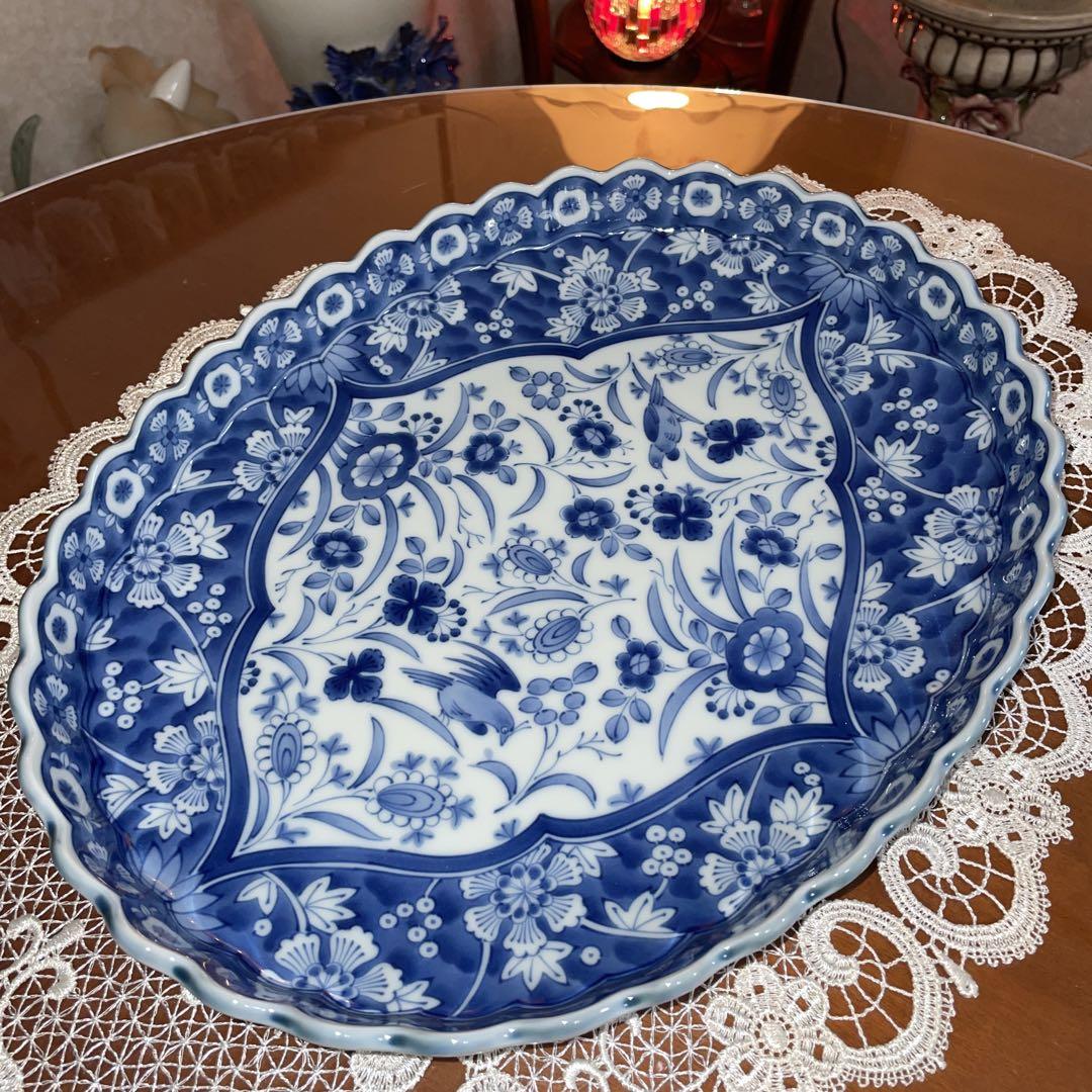 陶器　染付皿 有田焼 龍峰窯 花鳥 染付更紗 楕円大皿 菊割 輪花 大鉢 和食器