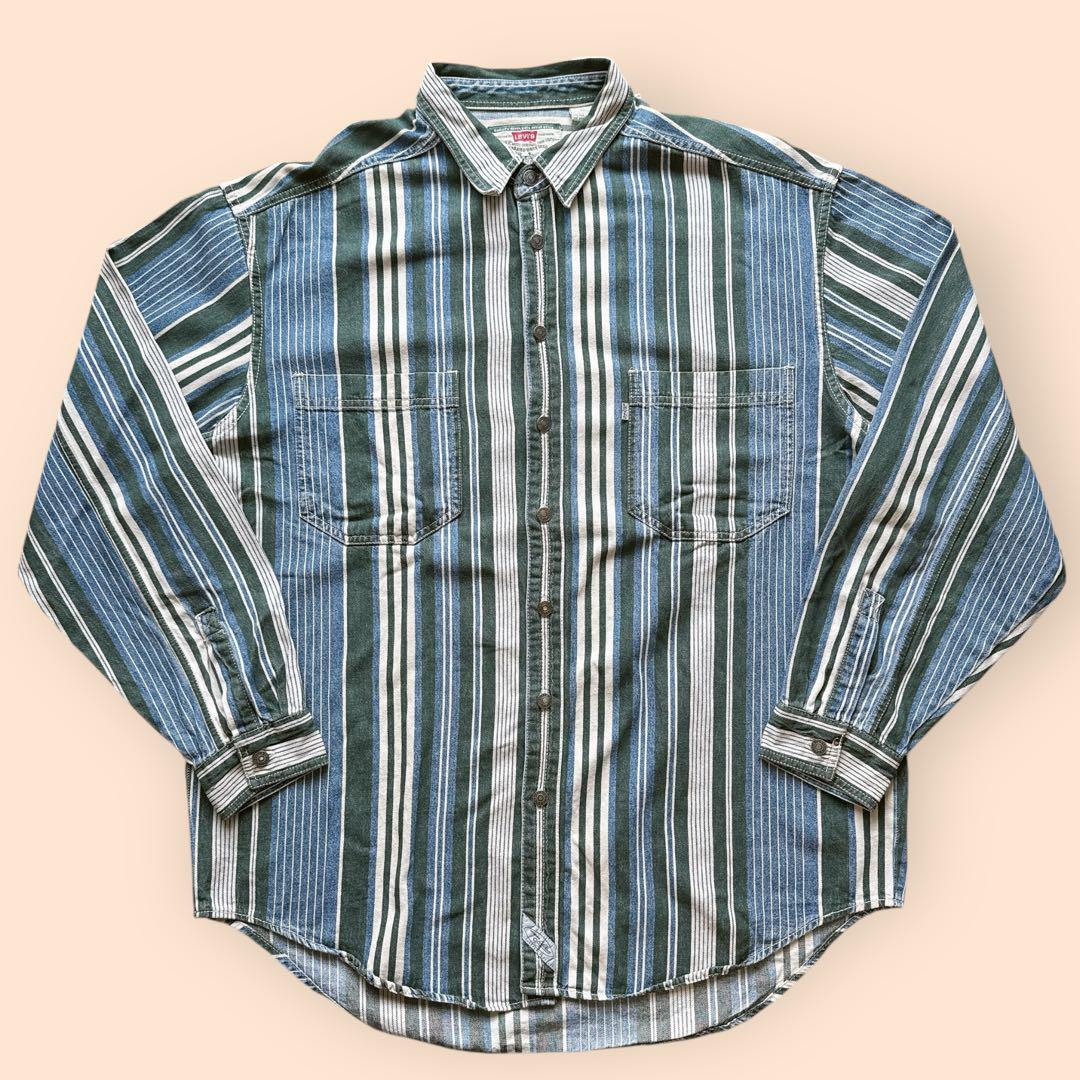 90s リーバイス ストライプ 長袖 デニムシャツ XL ロゴタグ
