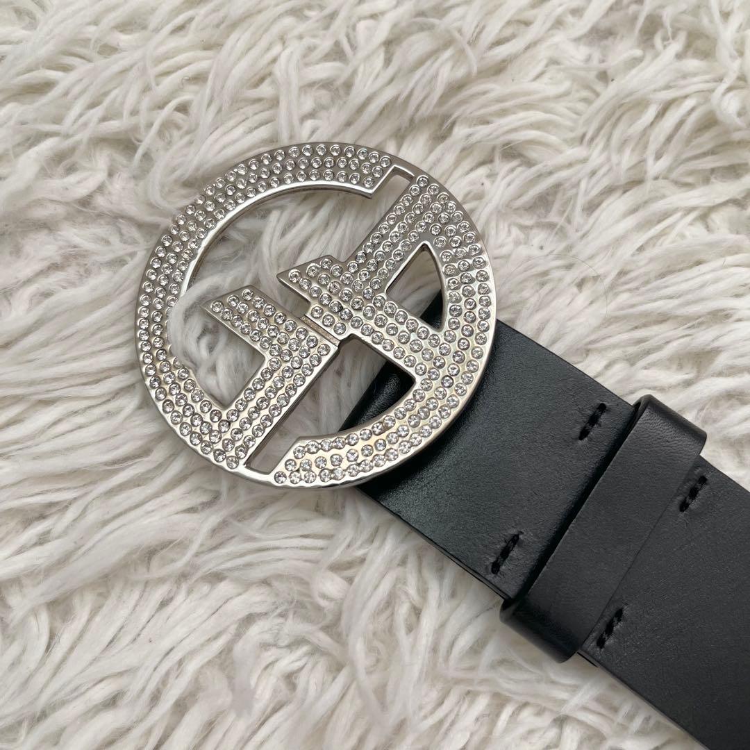 美品　ジョルジオ・アルマーニ　ビジユー　本革　レザーベルト　レディース　黒　銀