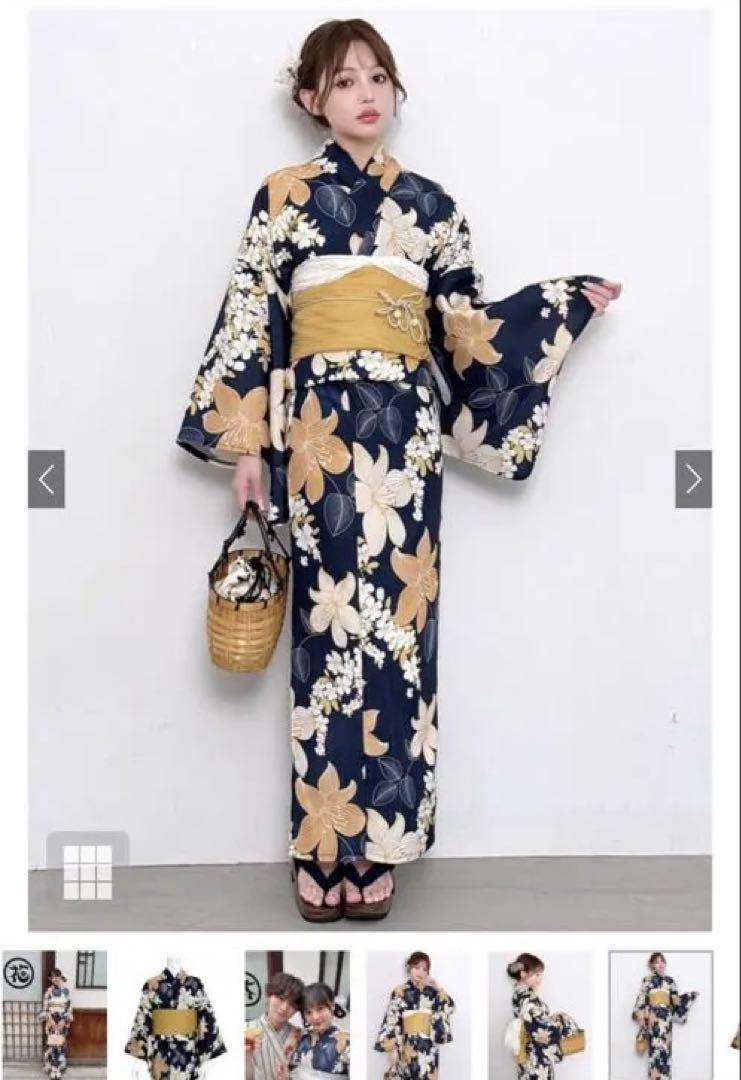 ネイビー花柄浴衣・帯セット 4L 花柄浴衣セット ネイビー 紺色 イエロー 兵児帯 大人花柄 和柄
