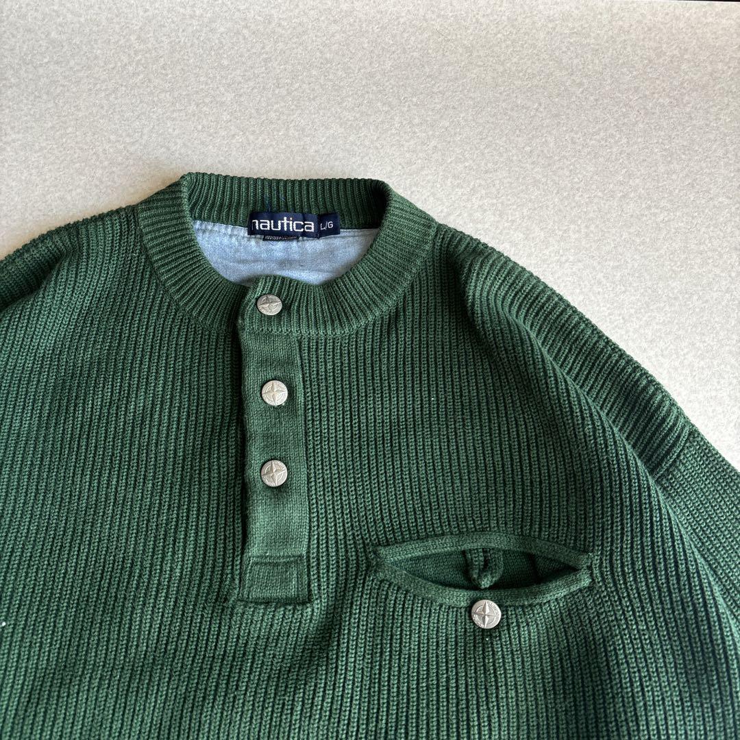 古着)90s nautica ヘンリーネックコットンニット 無地セーター