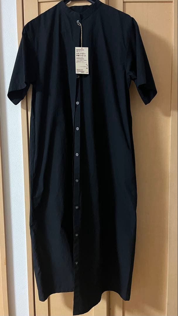 無印良品 ブラック 半袖スタンドカラーシャツワンピース M
