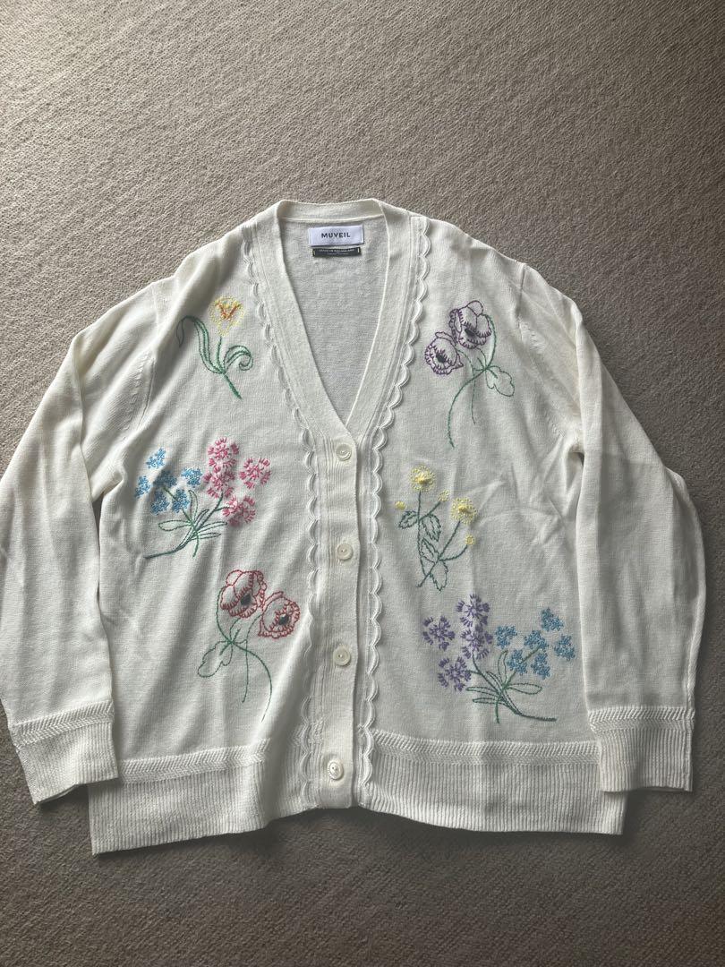 値下げ　ミュベール リネン　刺繍　花柄　カーディガン　36 ルールロジェット MUVEIL フラワー刺繍カーディガン | KOKO