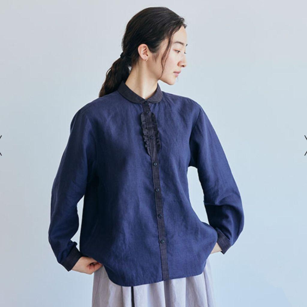 美品♪中川政七商店 手織り麻を使ったフリルシャツ ネイビー