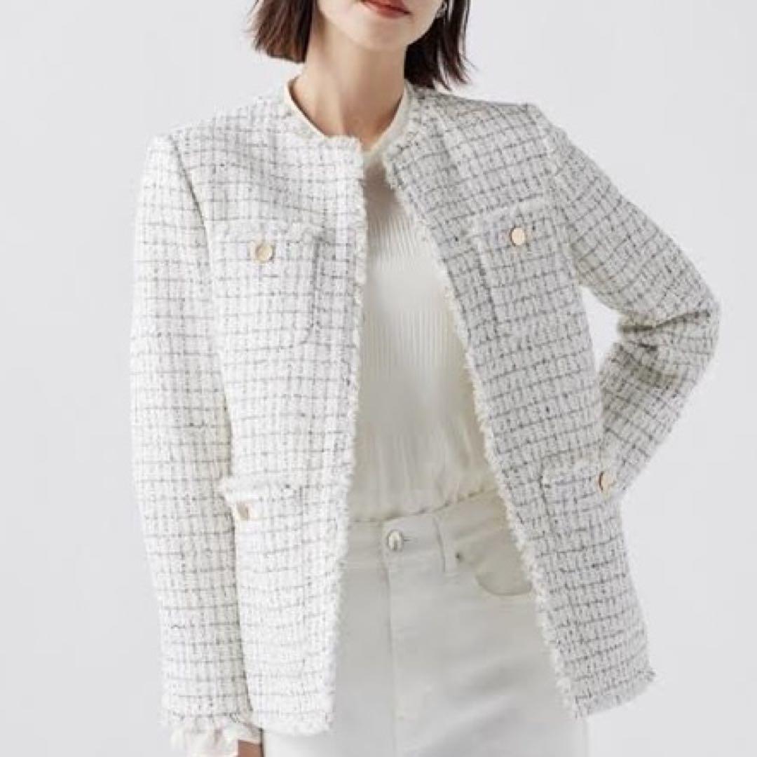 【美品】 PLST ツイード ミドルジャケット ノーカラージャケット 美品】 PLST ツイード ミドルジャケット ノーカラージャケット