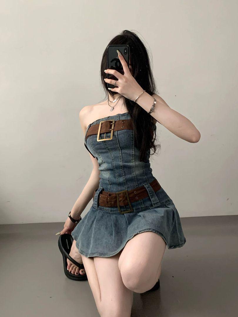 デニムストラップレスミニワンピース春夏デニムドレスショートスカート