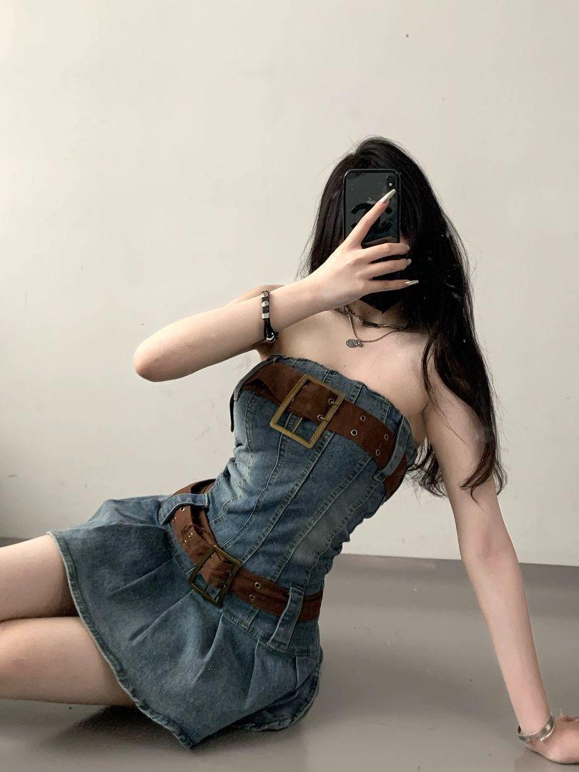 デニムストラップレスミニワンピース春夏デニムドレスショートスカート