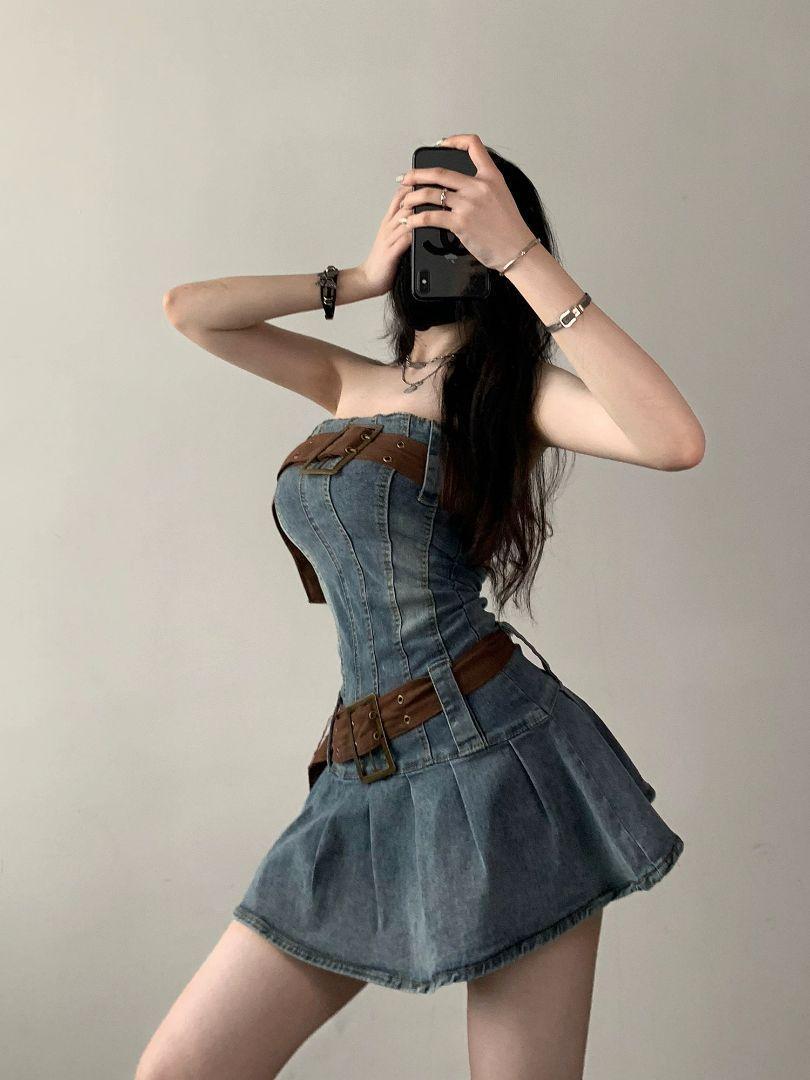 デニムストラップレスミニワンピース春夏デニムドレスショートスカート