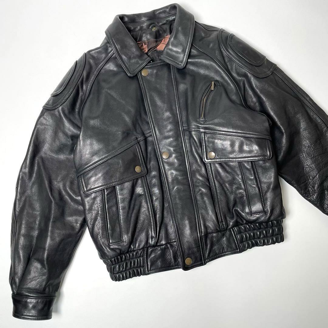 【牛革】レザージャケット 黒 LL ライダースジャケット 本革 ミリタリー