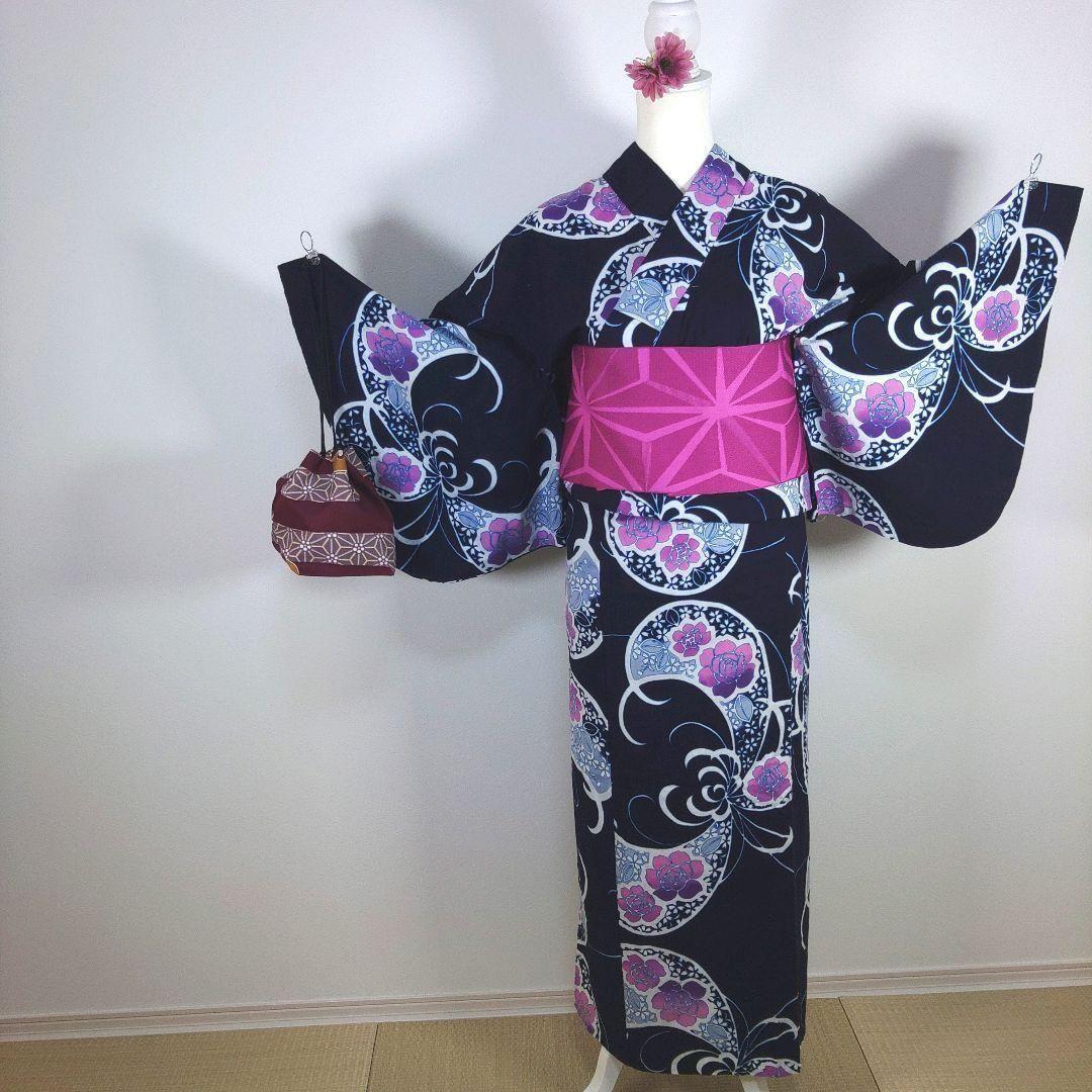 レトロ　レディース　浴衣　手縫い仕立て　ネイビー　身丈153cm　作り帯　紫