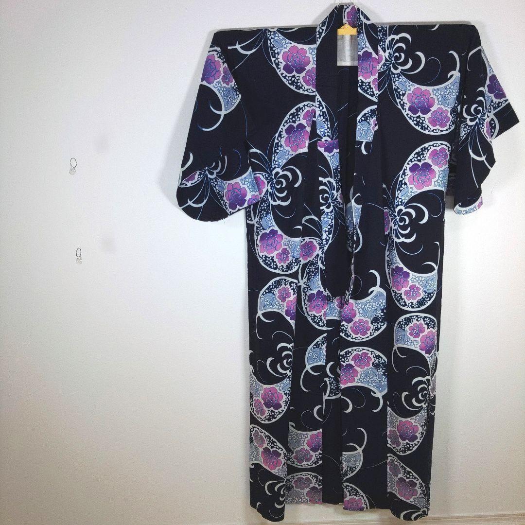 レトロ　レディース　浴衣　手縫い仕立て　ネイビー　身丈153cm　作り帯　紫