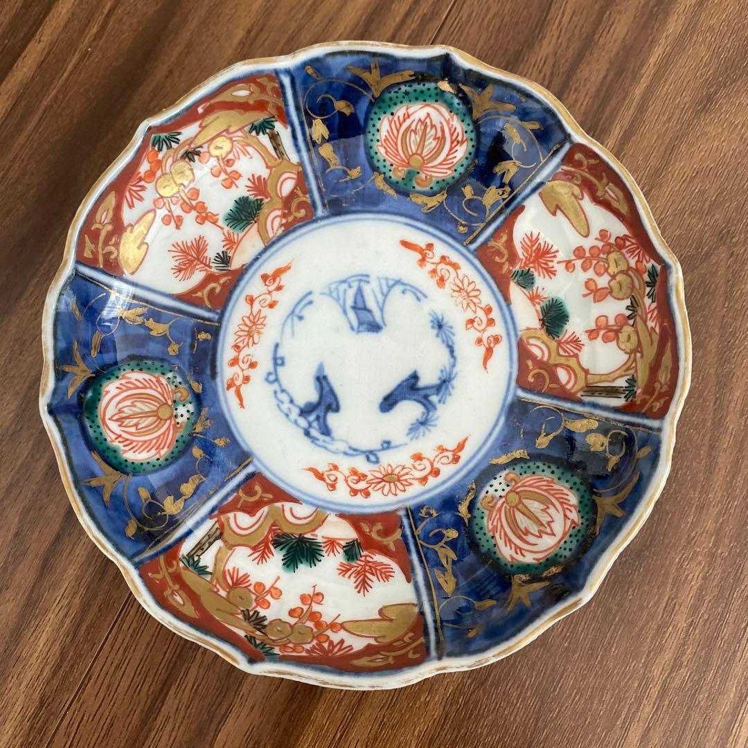 古伊万里　江戸・幕末　小皿　色絵　窓絵　花草文　輪花　完品　2客