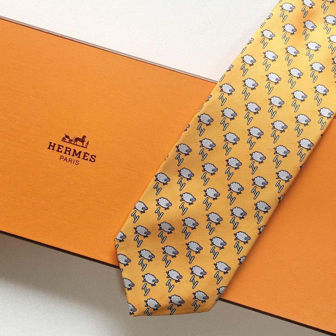 エルメス HERMES ネクタイ シルク オレンジ H柄 動物柄 ヒツジ 羊