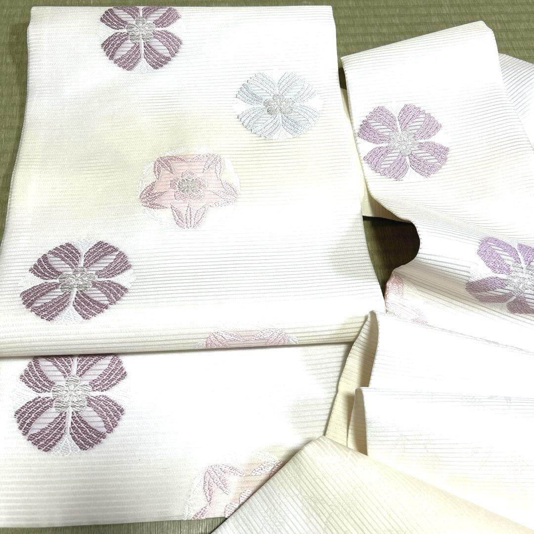 新品未使用品　西陣織【佐々木染織物】正絹　夏の絽の名古屋帯《生成り　刺繍　花》