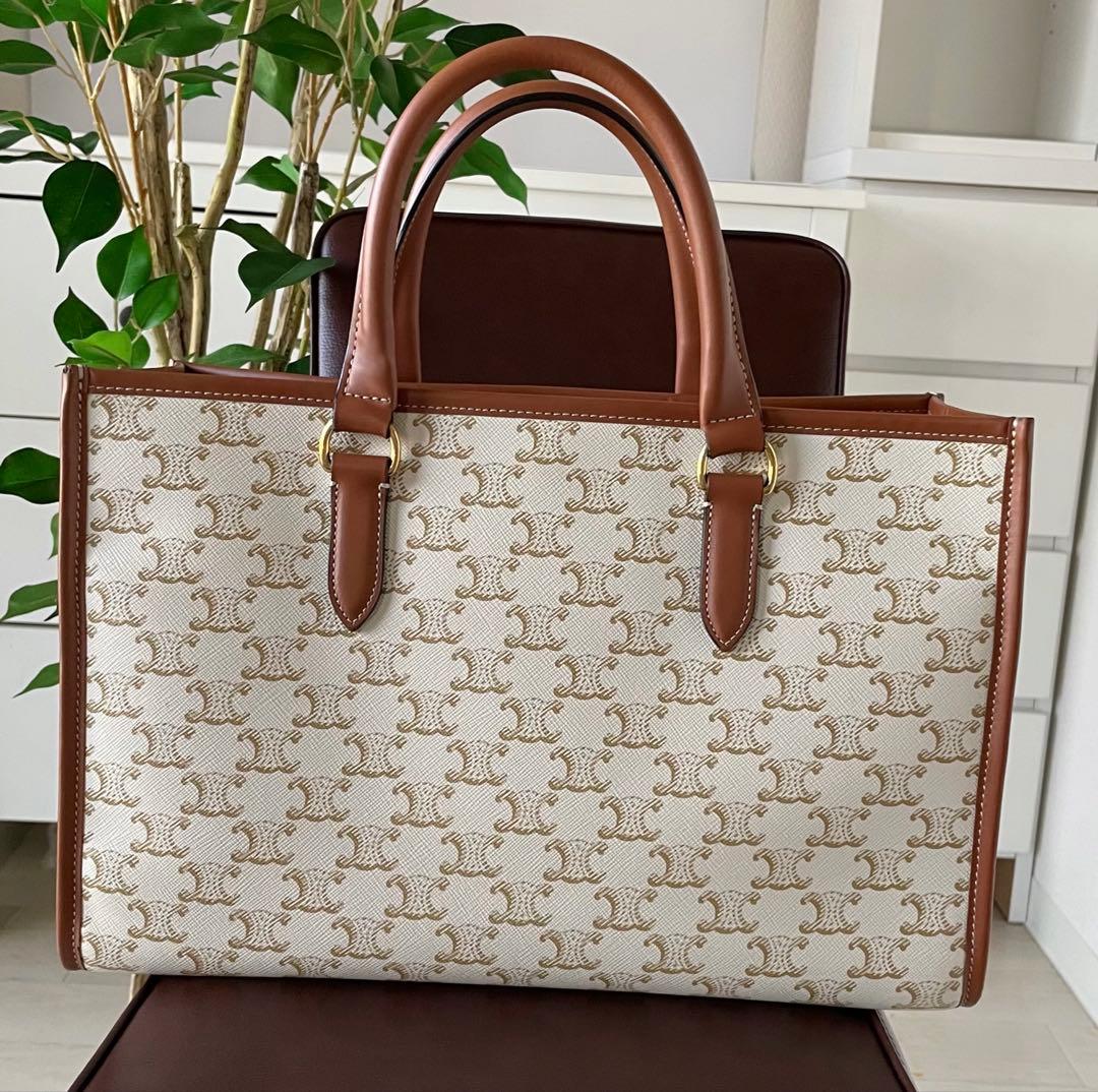 CELINE ミニ　ホリゾンタルカバ トリオンフ　キャンバス　ホワイト×ブラウン