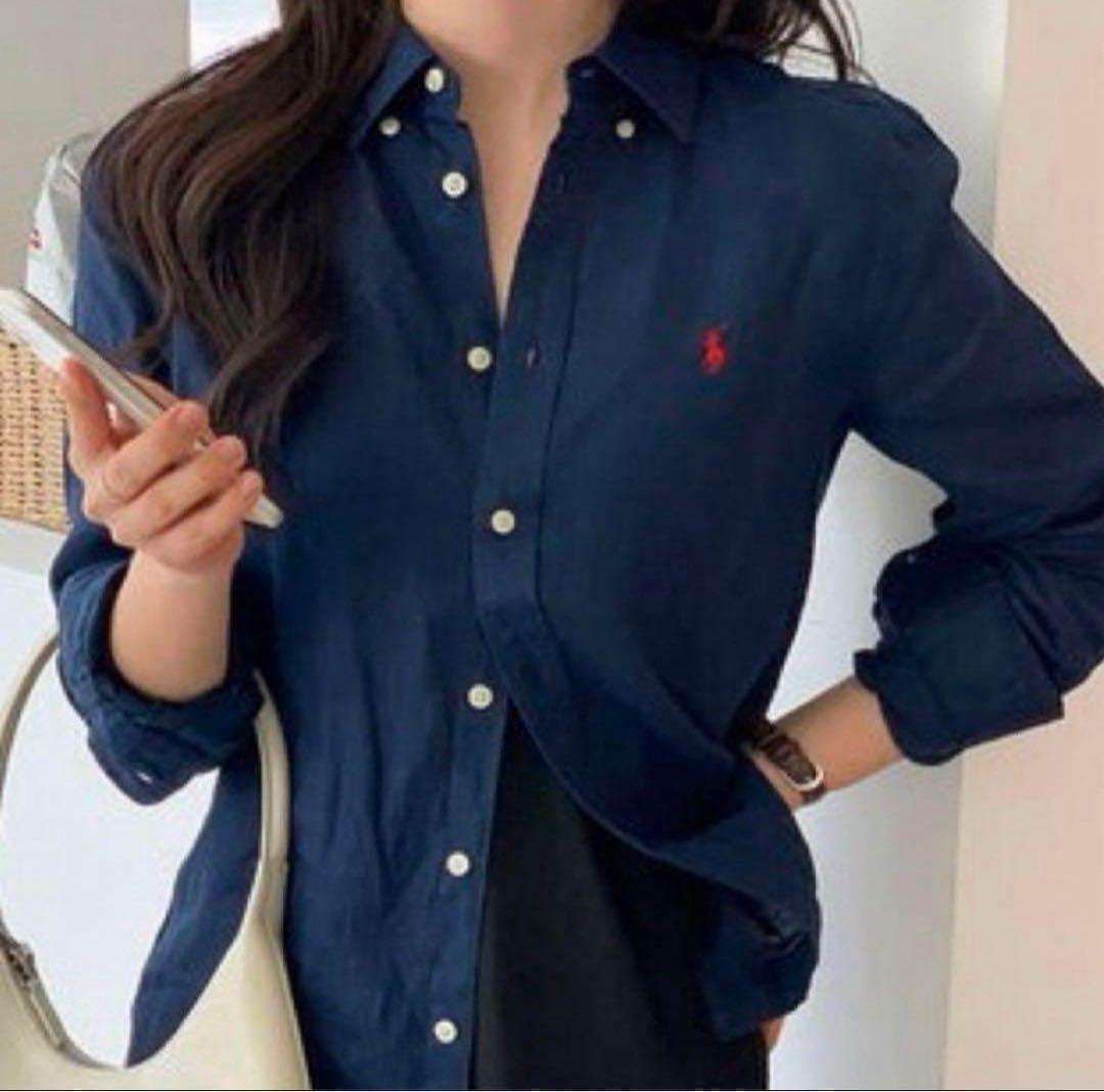 【美品】ラルフローレン リネン100% ボタンダウンシャツ ネイビー XL POLO RALPH LAUREN ポロ ラルフローレン シャツ 長袖 リネン