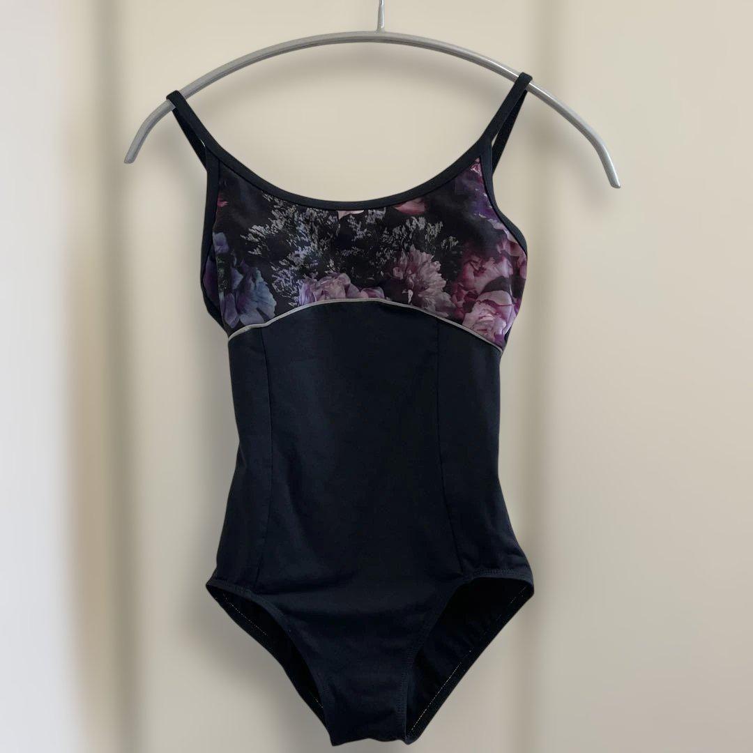 スティナ　レオタード　Sサイズ　黒と白の花柄レオタード stina / type Y neck ribbon / stripe flower black / girl