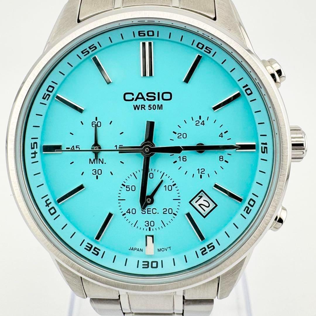 日本未発売 希少モデル 美品 カシオ ターコイズブルー クロノグラフ 腕時計