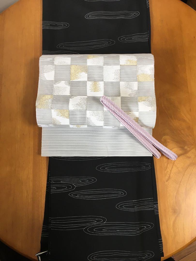 正絹絽夏帯 名古屋帯 シルバーグレーに粋な市松模様 金糸 銀糸 白糸