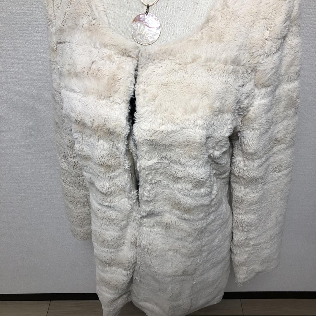 美品】Re ノーカラークルーネック上品フェイクファーロング丈