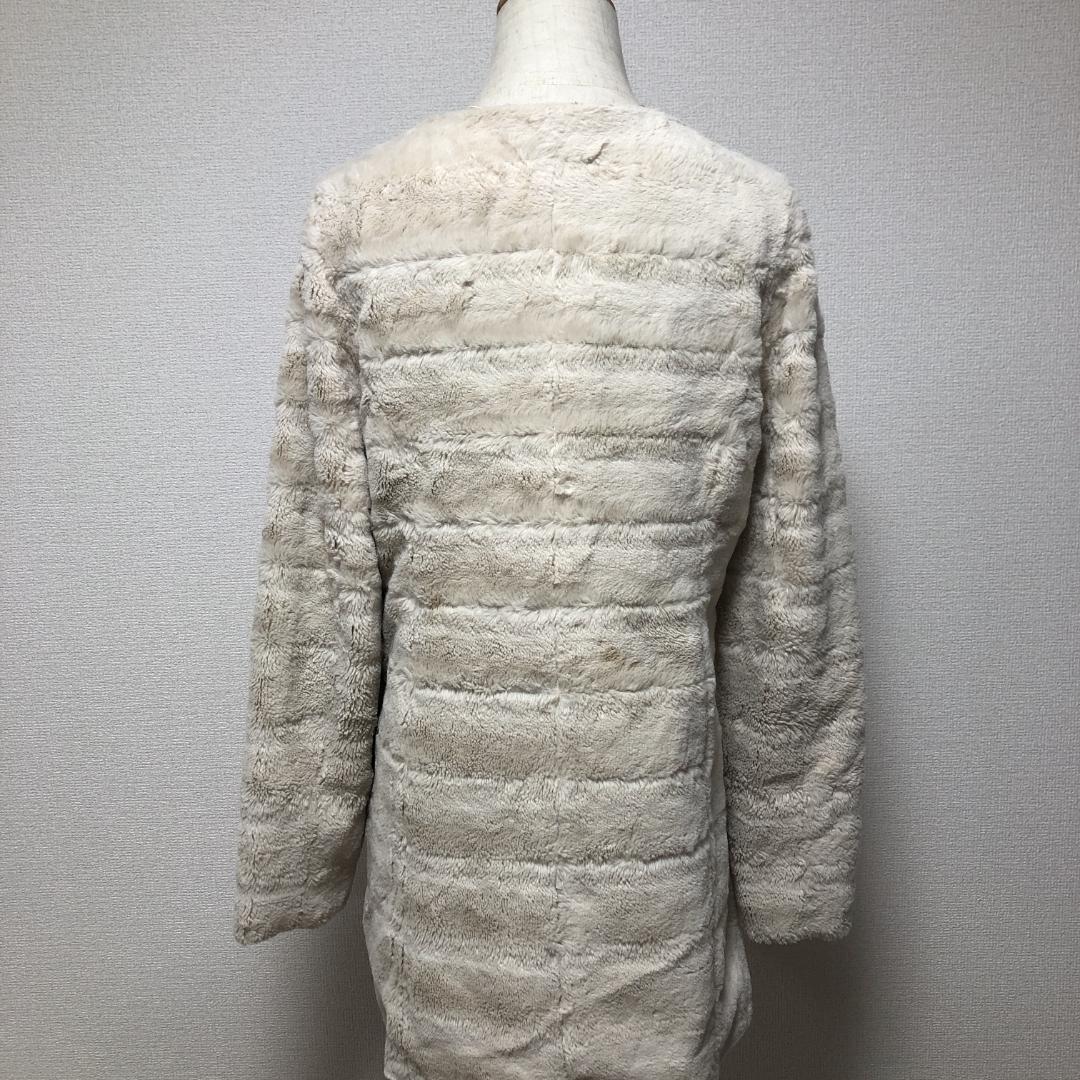 【美品】Re　ノーカラークルーネック上品フェイクファーロング丈長袖コート 美品】Re ノーカラークルーネック上品フェイクファーロング丈