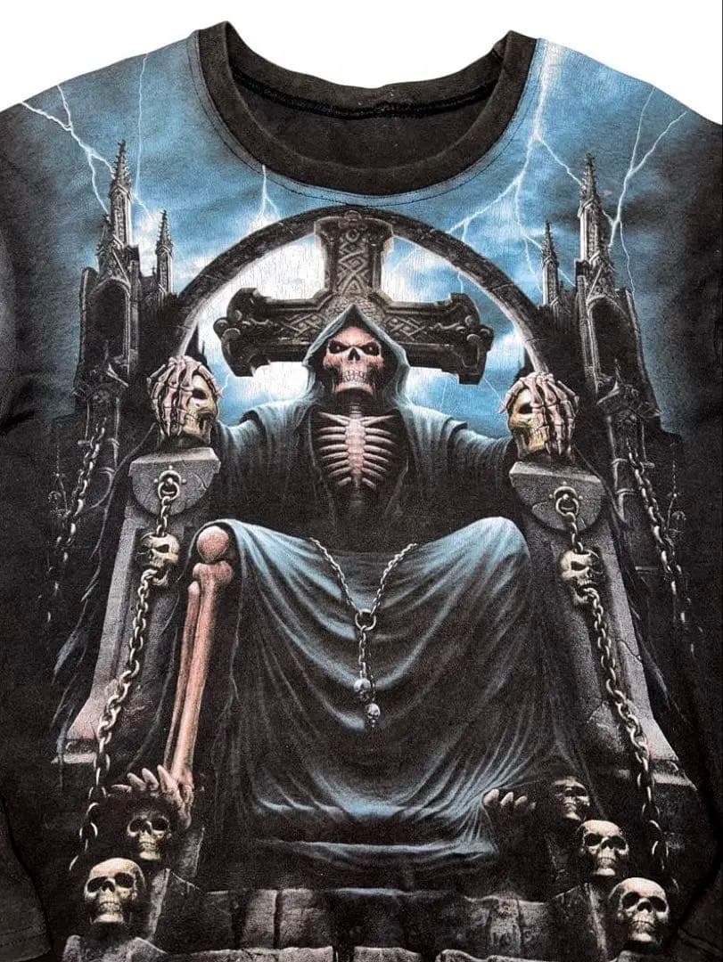 必見！Y2K 両面総柄ロングスリーブ◎スカル柄AOP 丈70 ユニセックス