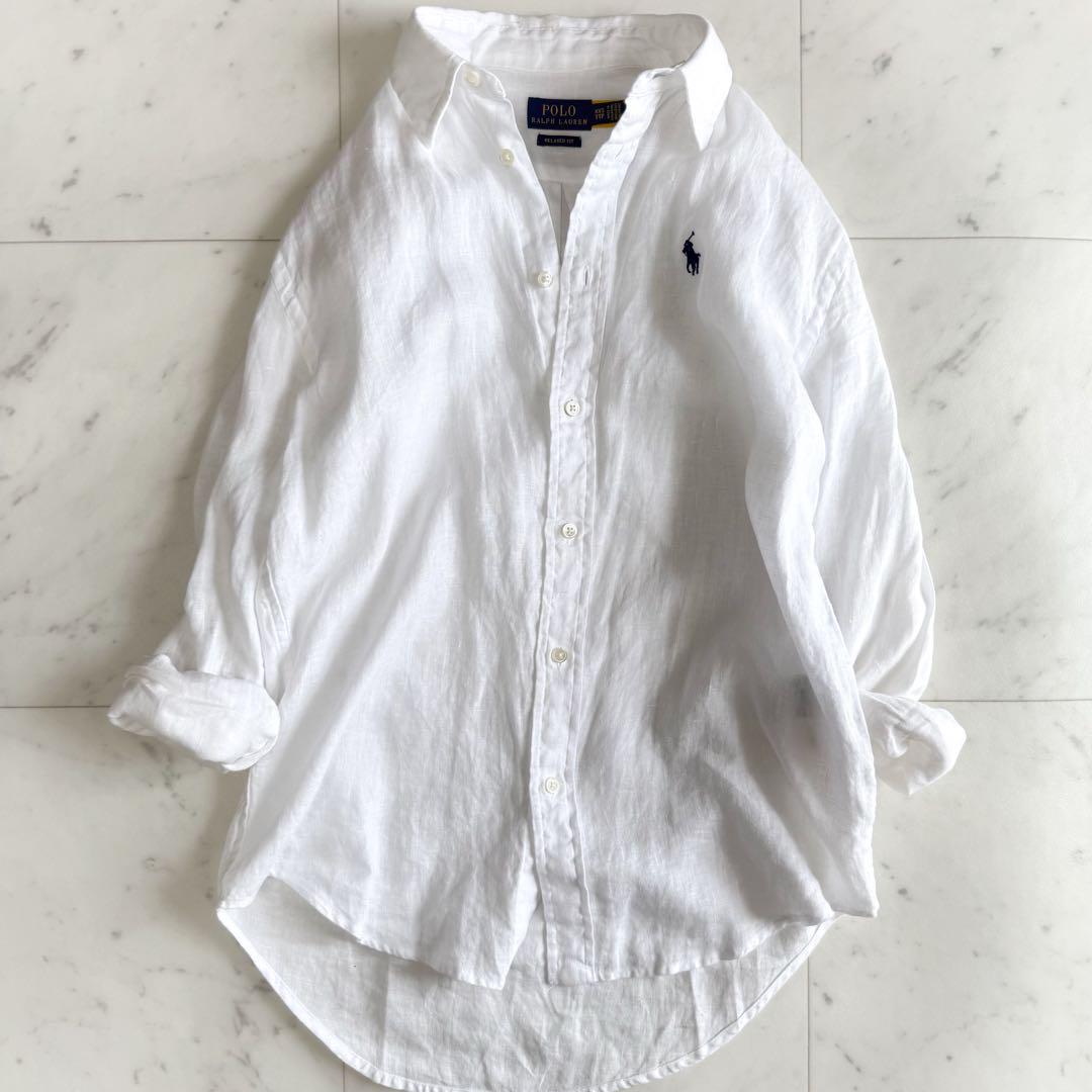00s LAUREN ラルフローレン 100% リネン 長袖 シャツ レディース