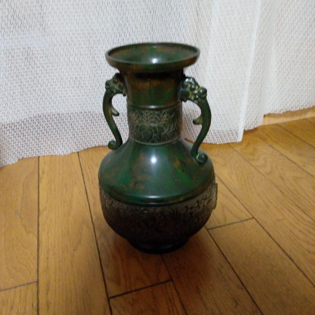 高岡銅器 峰雲 鋳銅製 双耳 双龍文獣耳 ＊花瓶 花器 インテリア 骨董 飾り壺工芸品
