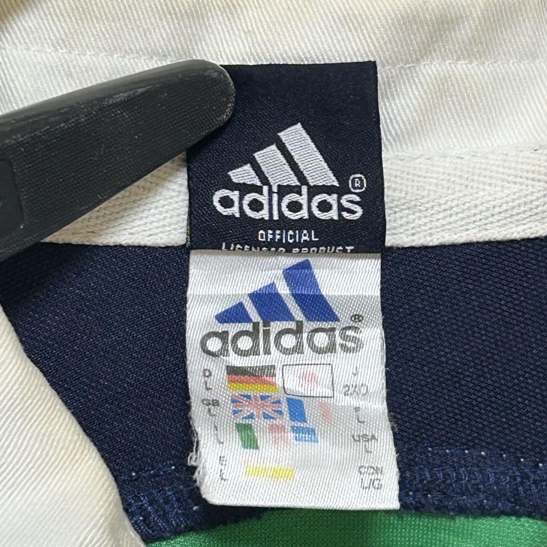 100%正規品 90s 古着 刺繍ロゴ 3本ライン ラガーシャツ 万国旗タグ adidas ウェア