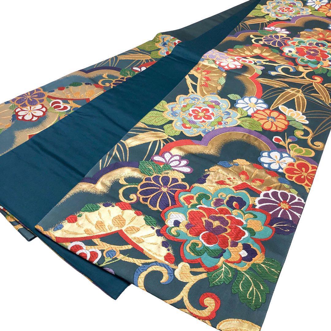 ☆ 袋帯 燁宴 美しい華柄模様 花唐草模様 金糸 青柳鼠色 O-4394 袋帯 煌びやかな花唐草模様 金銀糸 茄子紺色 PO-3269 - メルカリ
