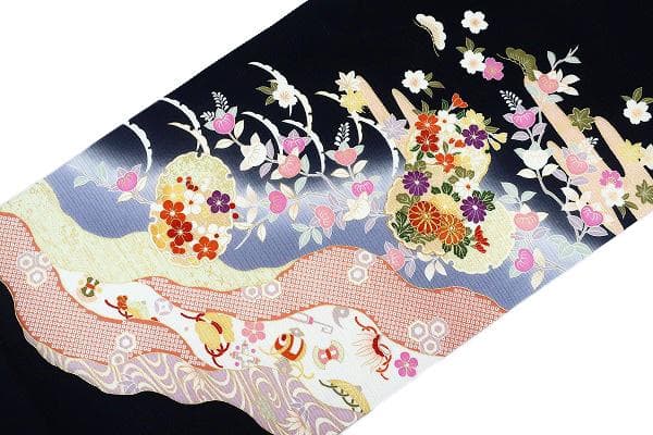 新品未使用品 名古屋帯 夏帯 夏 絽 黒 友禅染 吉祥文様 長さ3m74㎝ 正絹 新品未使用品 名古屋帯 夏帯 夏 絽 黒 友禅染 吉祥文様 長さ3m74㎝ 正絹