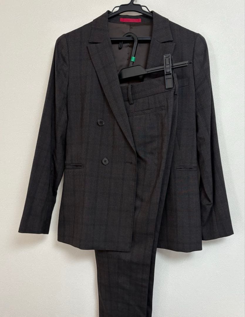 ダークブラウン チェック柄 ダブルジャケットパンツスーツ上下