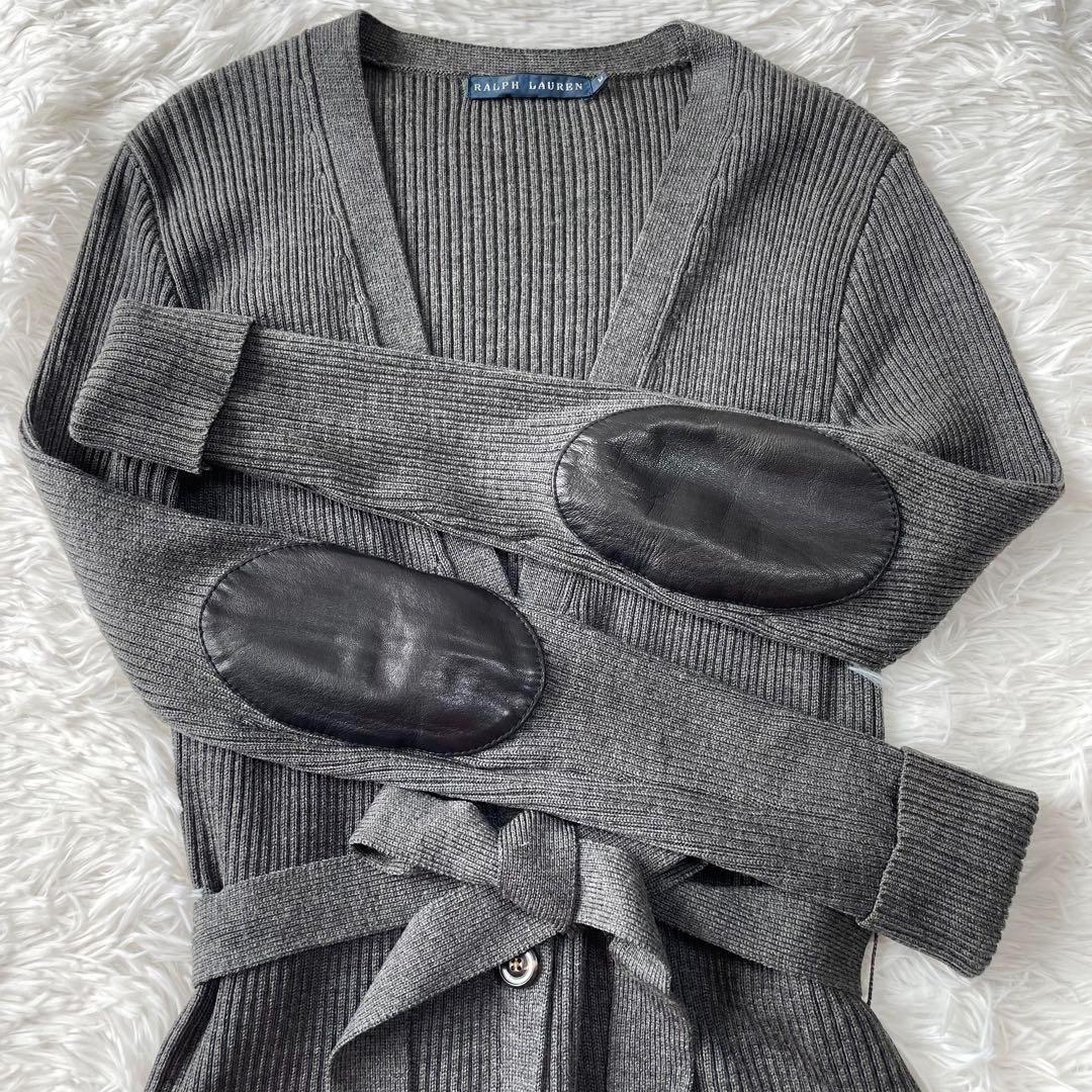✨ラルフローレン✨【M】ロングカーディガン✨ウエストリボン✨肘当て羊革