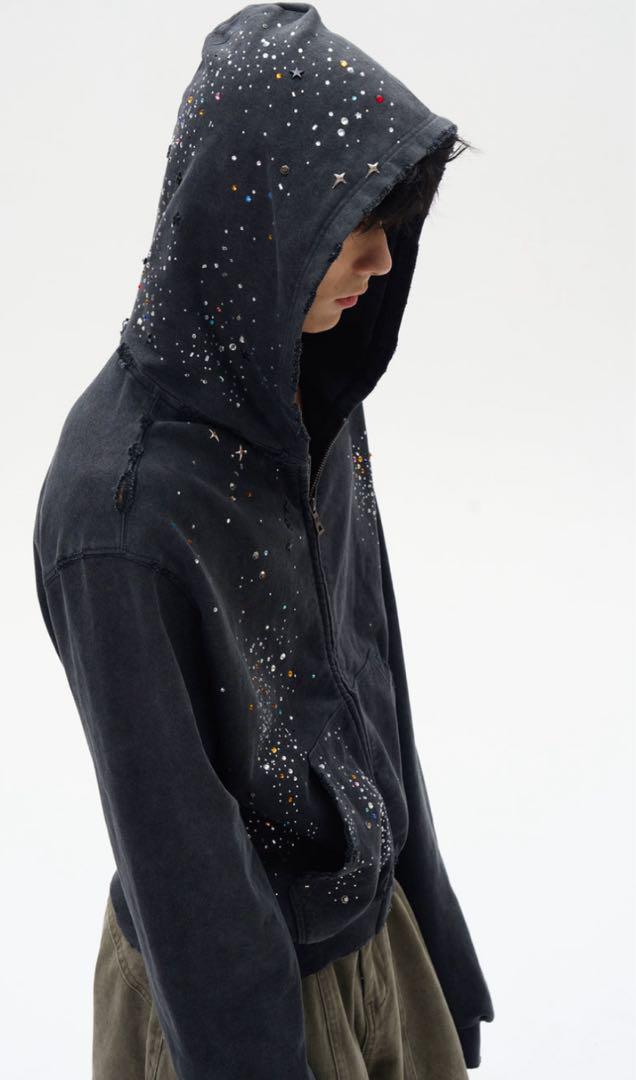 トップス G.E.E.K RHINESTONE DAMAGED ZIPPED HOODIE
