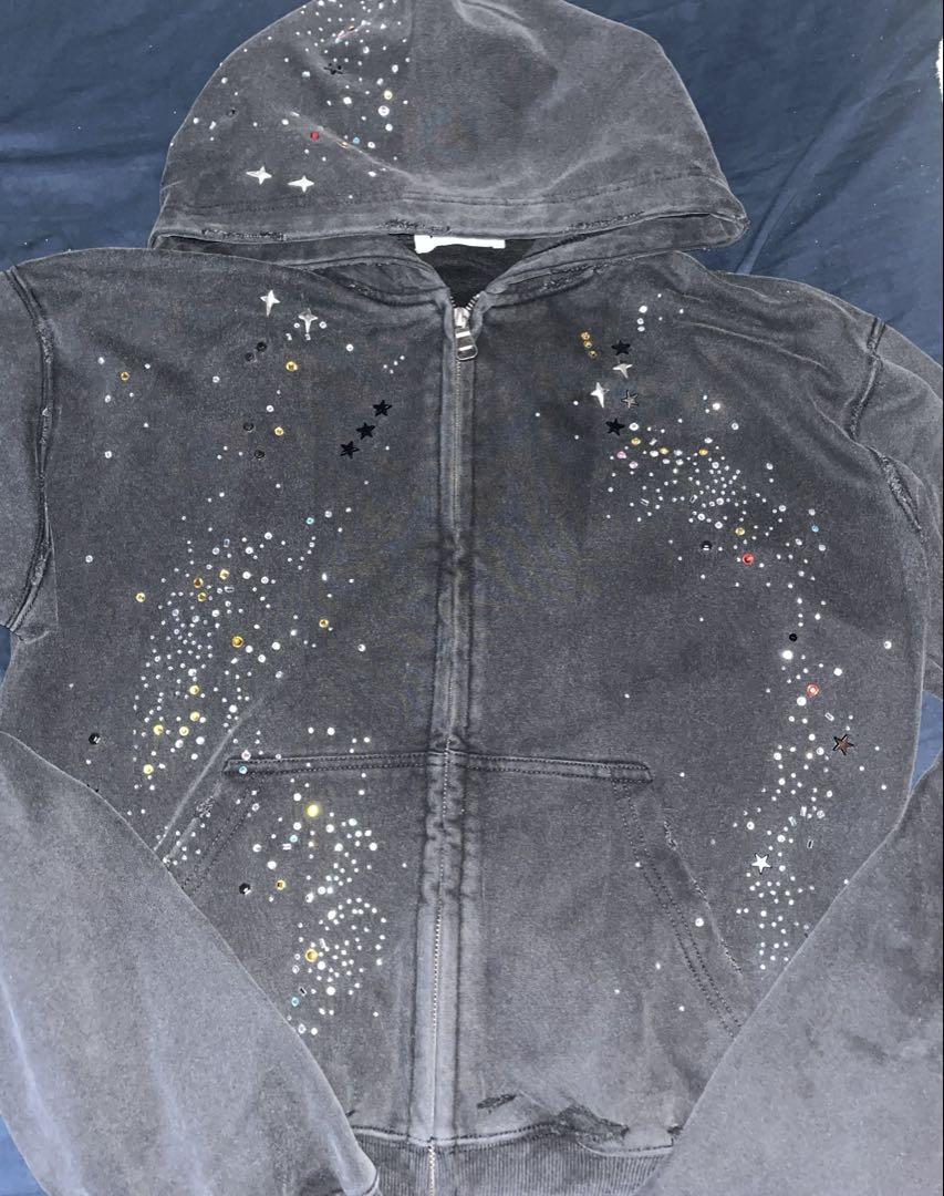トップス G.E.E.K RHINESTONE DAMAGED ZIPPED HOODIE