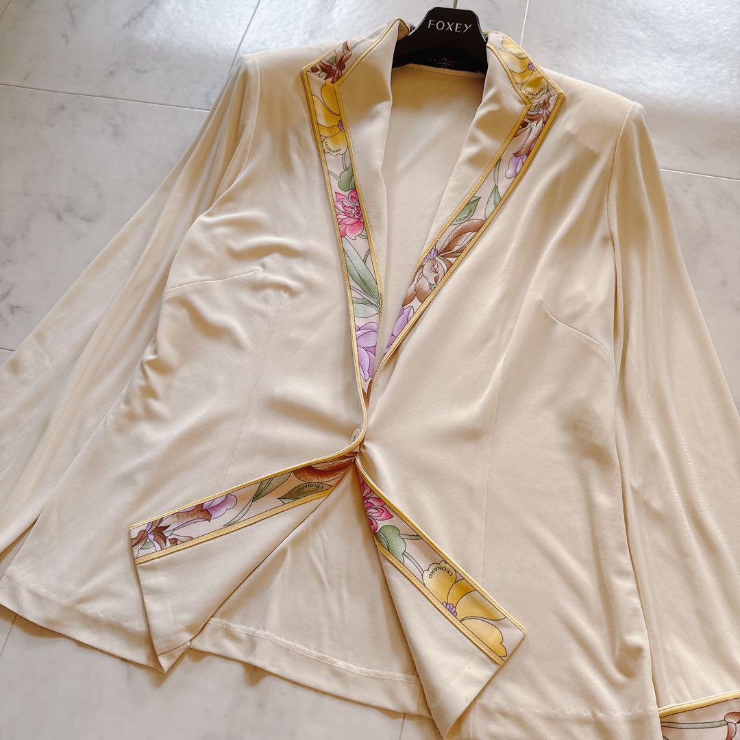 美品✨レオナール 上質カンカン ジャケット 羽織 花柄 トリム 大きいサイズLL