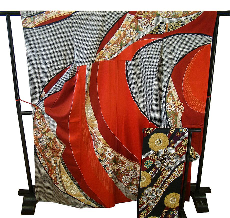 美品 ロング寸 振袖・袋帯・帯〆・帯揚・長襦袢・重ね衿 6点（正絹）L373 振袖販売6点セット 半衿付き長襦袢・帯・帯揚・帯〆・重衿付き