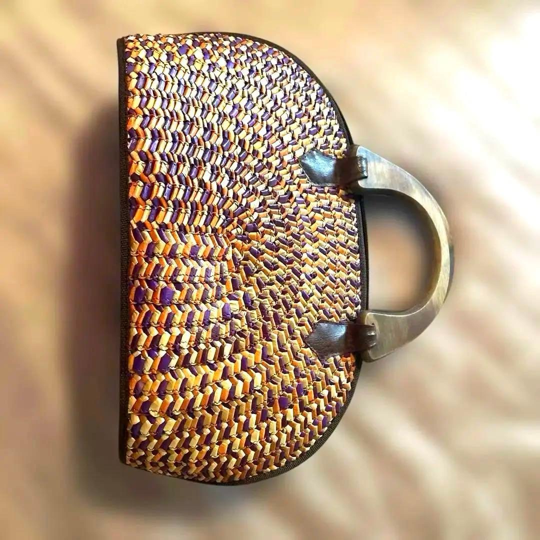 編み込みストローバッグ 紫 オレンジとベージュ セブ島