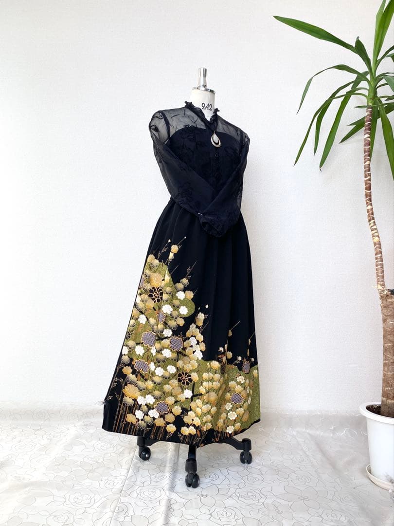 大人可愛いセレブ着物スカートフリーサイズ黒留袖着物リメイクロングスカート5752