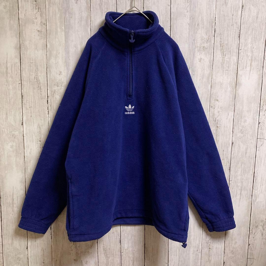 アディダス adidasフリース　両面刺繍 ハーフジップ 紺 Lサイズ