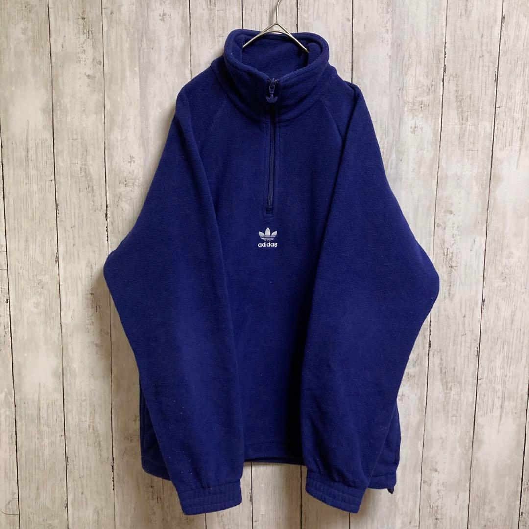 アディダス adidasフリース　両面刺繍 ハーフジップ 紺 Lサイズ