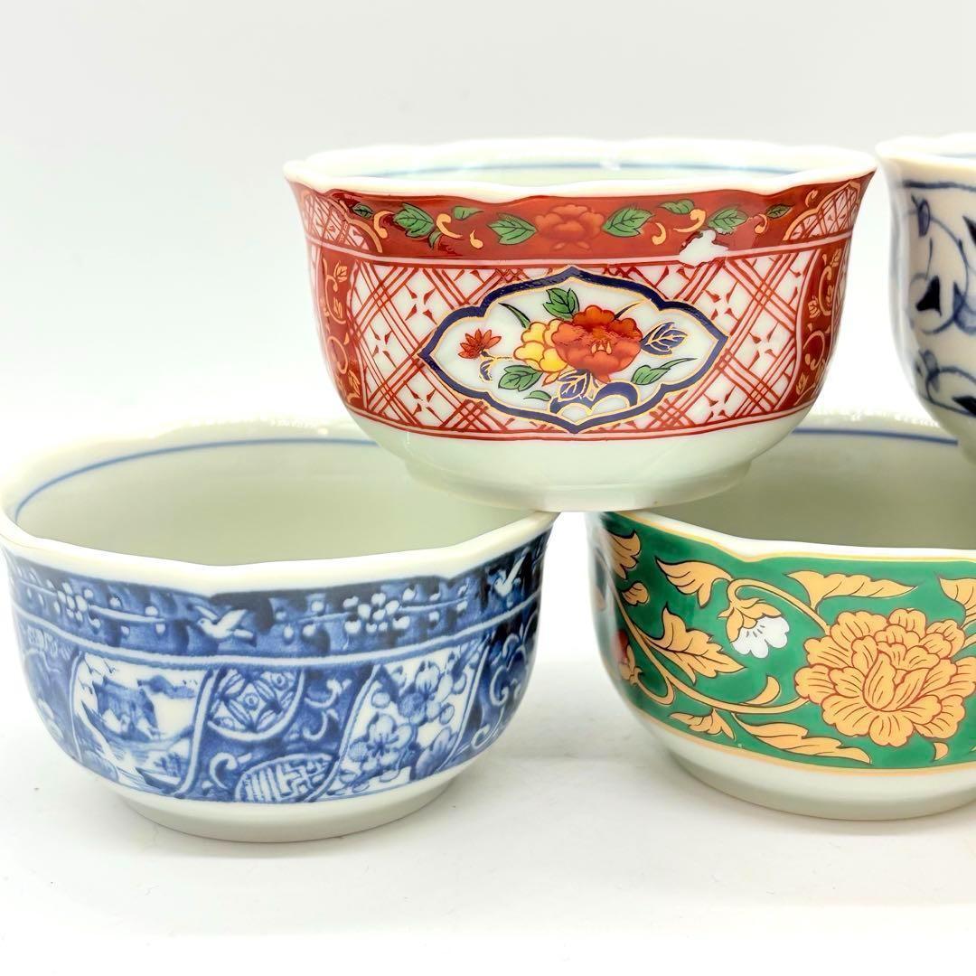 三洋陶器　龍峰窯　林斎　絵変わり　ガラスデザート鉢揃　5客　高台小鉢　色絵　金彩 m82903707478_1.jpg?1728883138