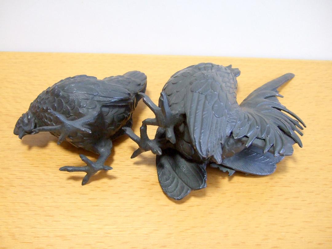 双鶏 雌雄 鶏像 細密 置物 工芸品
