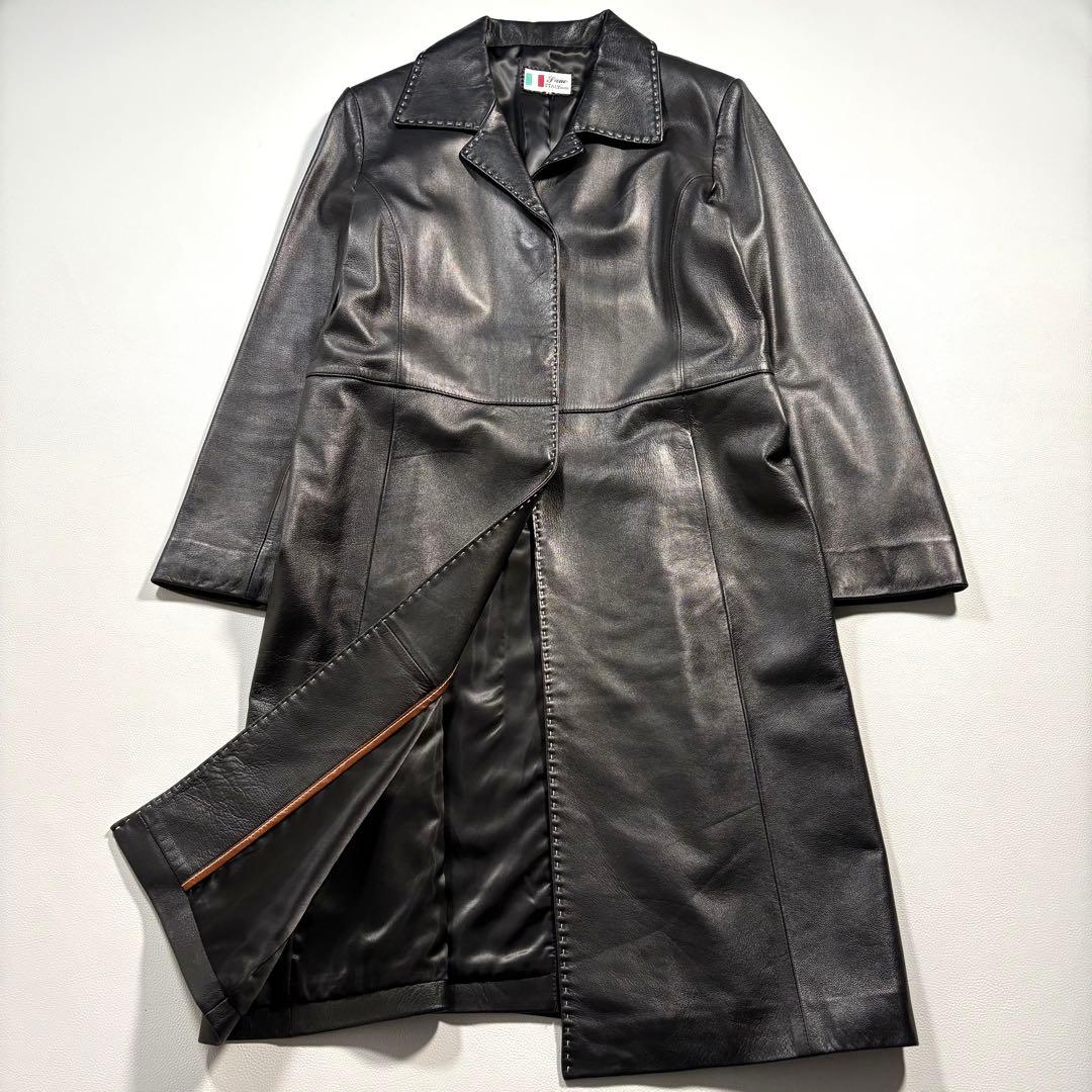 未使用級 着丈97cm ディアスキン ロング レザーコート 黒 鹿革 Jane