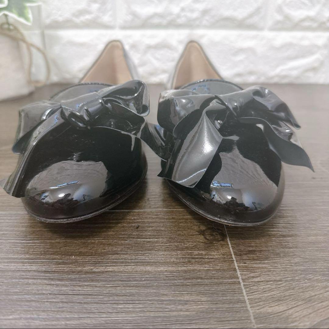 miumiu 黒　エナメル　リボン　パンプス　ビジュー　クリスタルヒール